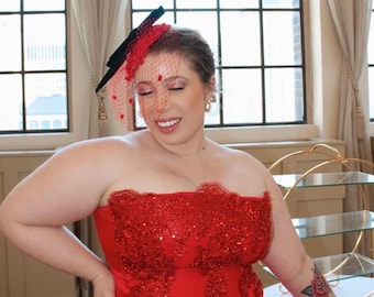 Kentucky Derby Red Straw Fascinator Hat with Veil, Black Velvet Bow on elastic