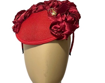 Kentucky Derby red roses fascinator headband with ladybug pin and satin flowers straw tilt hat hats for women, free shipping