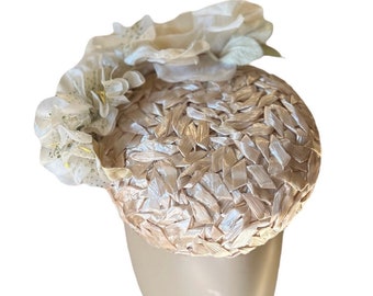 Kentucky Derby Fascintator hat pillbox percher style in Cream vintage straw with Ivory roses flowers FREE SHIPPING