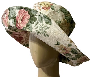 Summer Garden Beach Hat - a floral rose fabric wide brim hat in Pink and cream casual Cottagecore prairie style