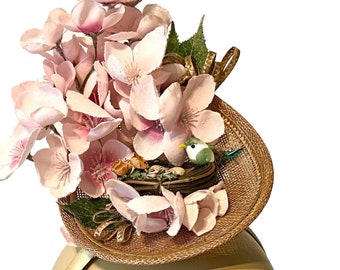 Kentucky Derby pink cherry blossom flowers fascinator hat with bird nest on a headband, beige sinamay base, hats for women