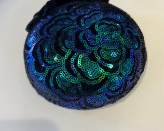 Kentucky Derby fascinator hat Black and Blue sequins on elastic band, hat box, shipping included