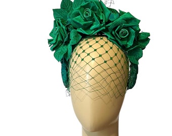 Kentucky Derby emerald green fascinator headband with vintage roses and veil, French wired ribbon, hats for women