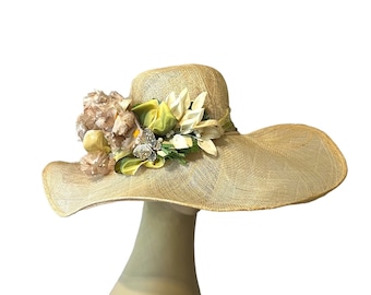 Kentucky Derby wide brim natural sinamay straw hat with butterfly pin, flowers, green yellow French ribbon, adjustable, hats for women