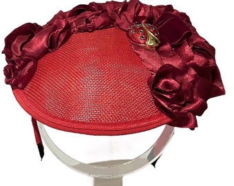 Kentucky Derby red rose headband fascinator with ladybug pin and satin flowers straw tilt hat hats for women, free shipping