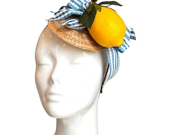 Amalfi Coast Lemon Fascinator, blue and white ribbon headband for afternoon tea Garden Party, free shipping