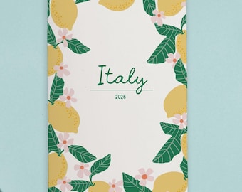 Diario y planificador de viaje personalizado para un solo viaje, con ilustraciones de limones y flores.