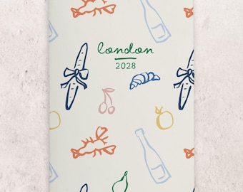 Diario de viaje y planificador personalizado para un solo viaje, con dibujos de comida de estilo vintage.