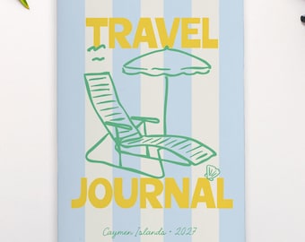 Diario de viaje y planificador personalizado para un solo viaje, rayas de cabaña vintage y silla de playa.