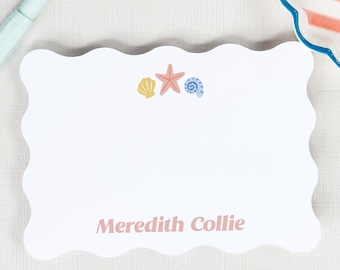 Papelería personalizada con conchas costeras, borde ondulado, juego de 10 tarjetas planas con sobres