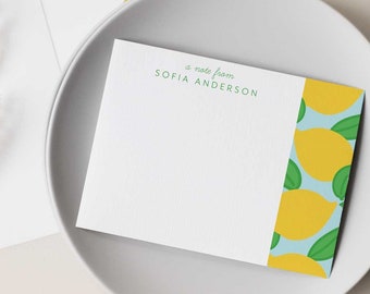 Bright Yellow Lemon Pattern Personalized Stationery, Set of 10 Note Cards with Envelopes