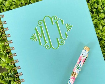 Elegant Monogram Spiral Hardback Journal, Single or Three Initial Option, Multi Color, Blank Lined Dot Grid Interior Pages, Personalize Gift