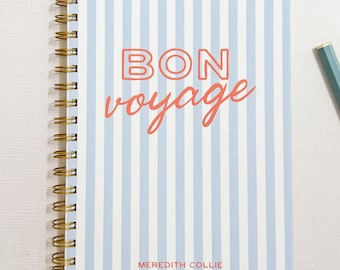Agenda y diario de viaje personalizado, cuaderno de vacaciones con espiral, capacidad para 5 viajes, rayas vintage de "Buen viaje"