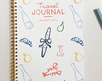 Agenda y diario de viaje personalizado, cuaderno de vacaciones con espiral, capacidad para 5 viajes, con dibujos de comida vintage.