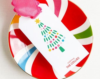 Modern Christmas Tree with Rainbow String Lights, Personalized Holiday Gift Tags, Set of 12 Hang Tags, String Included