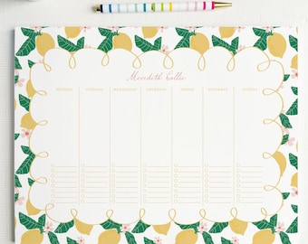 Bloc de notas personalizable con diseño floral de limón, bloc de escritorio personalizado con nombre, organizador semanal grande, regalo de oficina cítrico, planificador sin fecha