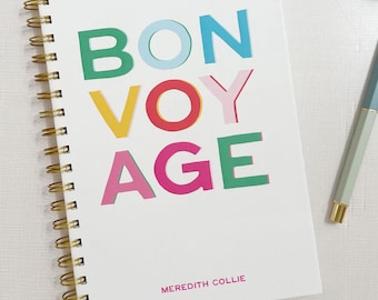 Agenda y diario de viaje personalizado, cuaderno de vacaciones con espiral, capacidad para 5 viajes, diseño Rainbow Bon Voyage.