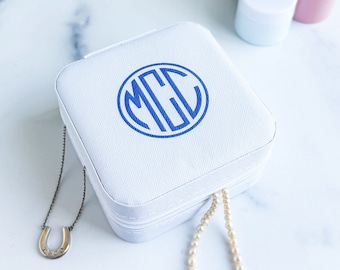 Traditional Monogram Travel Jewelry Box, Faux Leather Personalized Jewelry Box, White, Black or Light Pink