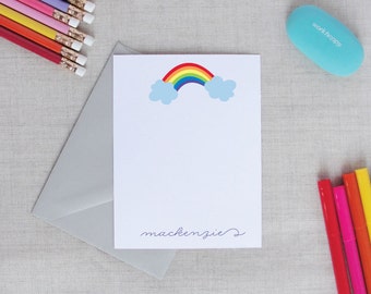 Rainbow Personalized Children’s Stationery, Set of 10 Custom Flat Note Cards, Thank You Notes for Girls, Kids