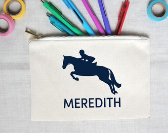 Horse Silhouette Personalized Pencil Pouch, Canvas Zippered Travel Pouch or Cosmetic Bag, Custom Colors