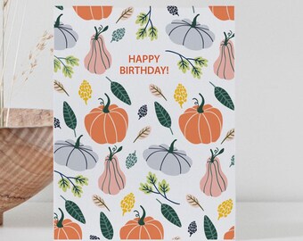 Tarjeta de felicitación de feliz cumpleaños con calabaza preppy, linda tarjeta otoñal