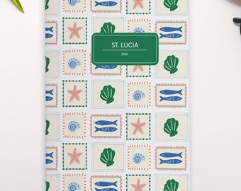 Diario de viaje y planificador personalizado para un solo viaje, con ilustraciones de conchas marinas costeras.