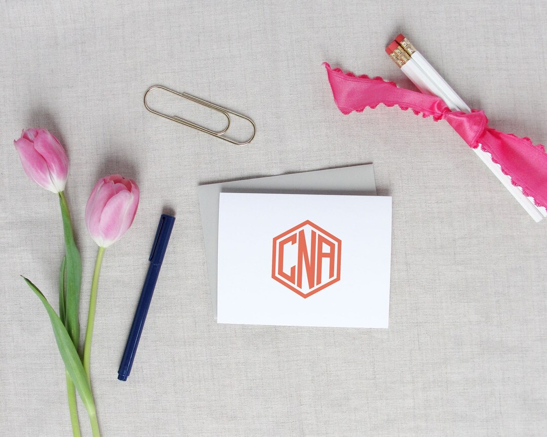 Hexagon Monogram Stationery, Set of 10 Personalized Folded Note Cards ...