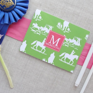 Papeterie monogramme motif chinoiseries équestres, couleurs personnalisées, lot de 10 cartes de correspondance pliées, cadeau pour amateur de chevaux