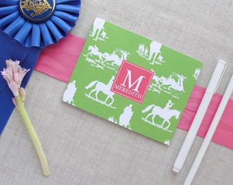 Equestrian Chinoiserie Pattern Monogram Stationery, Custom Colors, Set of 10 Folded Note Cards, Horse Lover Gift