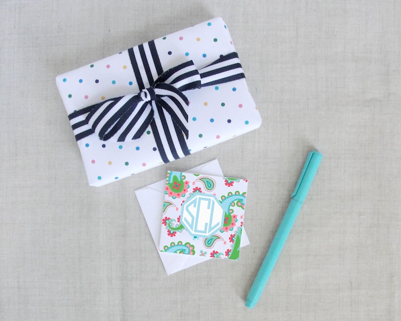 Monogram Paisley Pattern Square Folded Gift Enclosure Cards Set of 25 Personalize Mini Stationery Note Cards