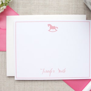 Rocking Horse Stationery, Set of 10 Personalized Childrens Flat Note Cards, Thank You Notes, Baby Stationery