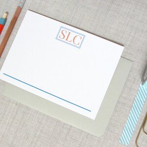 Three Letter Monogram Stationery, Set of 10 Personalized Flat Note Cards, Custom Colors, Gift for Him