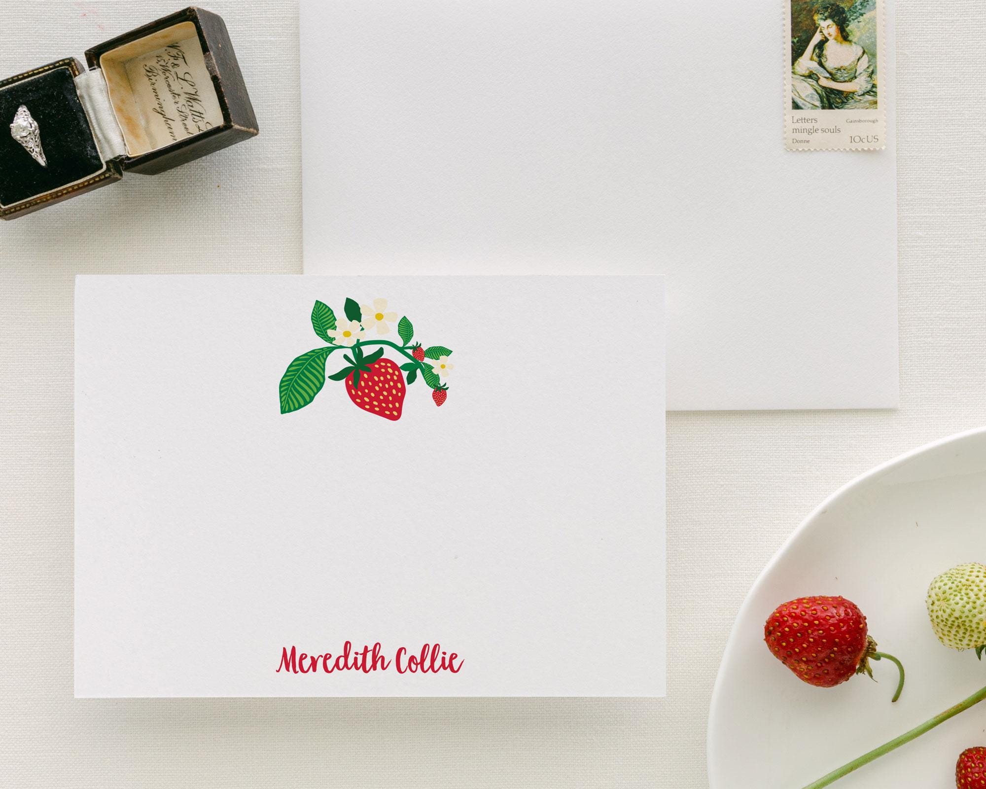 Personalized Strawberry Flat Note Card, Set of 10 with White Envelopes Included, Thank You Notes, 7 x 5 Large Stationery