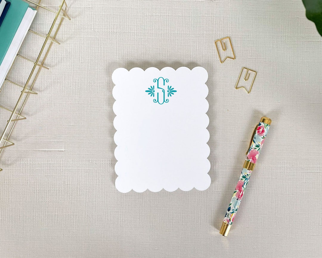 Monogram Scallop Edge Stationery Set, Set of 10 Flat Note Cards, Thank ...