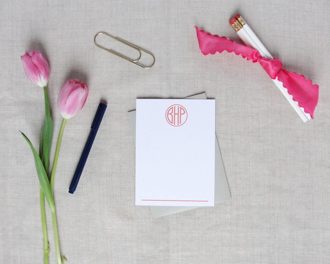 Circle Monogram Custom Stationery, Set of 10 Personalized Flat Note ...
