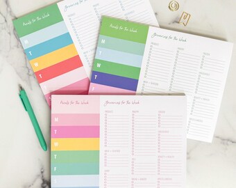 Organizador de la lista de la compra semanal y planificador de comidas, bloques de color, bloc de notas de compras, lista de mercado