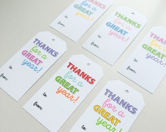 Thanks for a Great Year, Teacher Appreciation Gift Tags, Set of 6 Designs, End of Year Gift Wrap