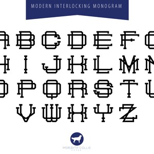 Op de afbeelding: Een zwart-wit alfabetlettertype met een modern, in elkaar grijpend monograafontwerp. Elke letter is gestyled met een uniek geometrisch patroon.