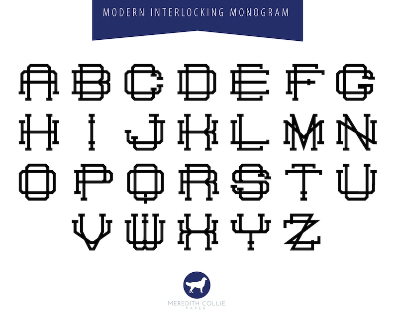 Op de afbeelding: Een zwart-wit alfabetlettertype met een modern, in elkaar grijpend monograafontwerp. Elke letter is gestyled met een uniek geometrisch patroon.