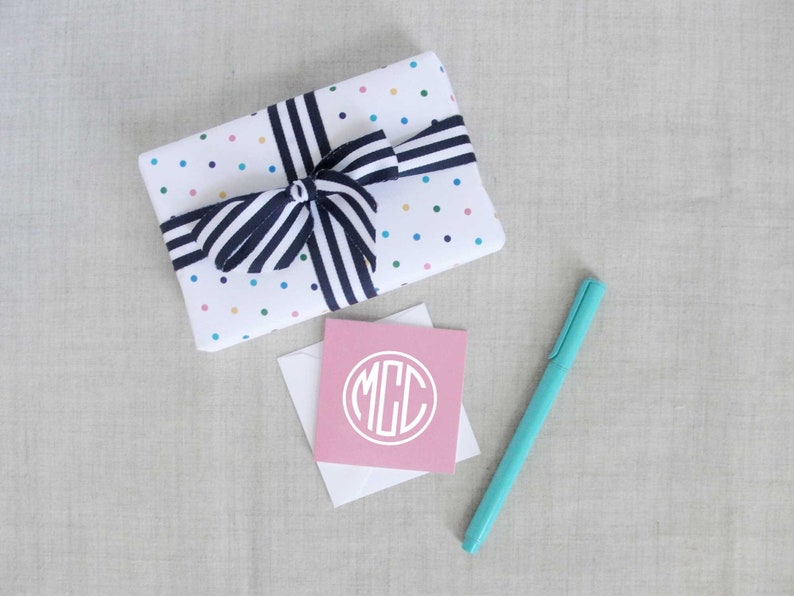 Monogram Gift Enclosure Cards, Set of 25 Personalized Square Mini Folded Note Cards, Solid Background, Small Cards with Envelopes image 1