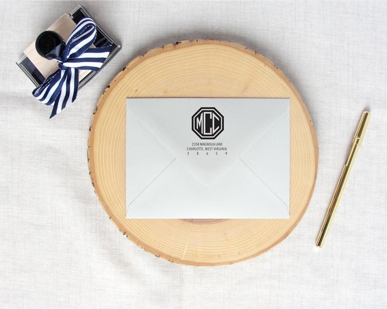 Wood Mounted or Self Inking Stamp Personalized Rubber Stamp Solid Hexagon Monogram Return Address Stamp