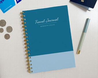 Agenda y diario de viaje personalizado, cuaderno de vacaciones con espiral, capacidad para 5 viajes, cubierta con bloques de color personalizables.