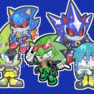 May include: A sticker sheet featuring five cartoon characters with a blue background. The characters include a blue robot, a green hedgehog wearing sunglasses, a black and yellow character, a blue robot with a crown, and a teal character.