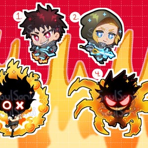 Puede incluir: Cuatro pegatinas de personajes de estilo anime sobre un fondo rojo con diseños de llamas amarillas. Las pegatinas presentan personajes con efectos ardientes y brillantes. El texto "SoulSani" y "OX" es visible en una pegatina.