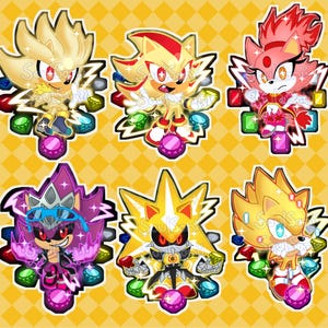 May include: Six cartoon character stickers, each with a unique design and color scheme. The characters are surrounded by colorful gems and stand on a pink gem base. The background is a yellow and white checkered pattern.