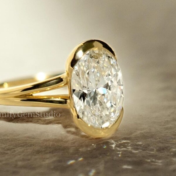Half Bezel 3 CT Oval Cut Split Shank IGI Lab Grown Diamond Engagement Ring 14K Solid Yellow Gold Solitaire Wedding Ring Perfect For Her