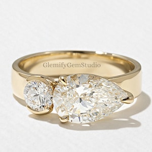 Bezel Set East West 3 TCW Pear & Round Cut Moissanite Diamond Engagement Ring Unique 14K Gold Solitaire 4MM Wedding Band Anniversary Ring