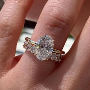 3 CT Oval Cut Moissanite Diamond Bridal Ring Set With Hidden Halo 14K Solid Gold Oval Cut Bubble Band Wedding Ring Set Anniversary Ring Set