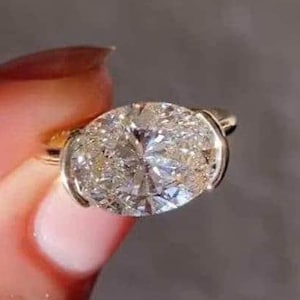 3 CT East West Oval Cut Moissanite Engagement Ring 14K Solid Yellow Gold Half Bezel Set Solitaire Wedding Ring Big Diamond Gift Ring For Her
