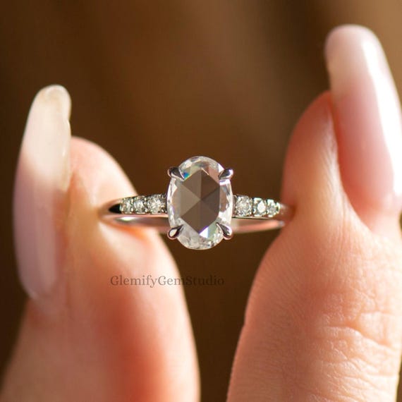 2 CT Oval Rose Cut Diamond Engagement Ring With Side Moissanite Round Cut Diamond 14K Solid Gold Solitaire Wedding Anniversary Gift Ring